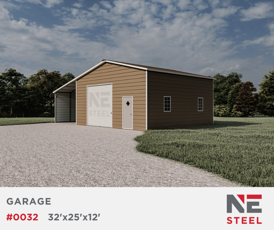 32’x25’x12’/9′ Steel Garage w/ Continuous Lean-To
