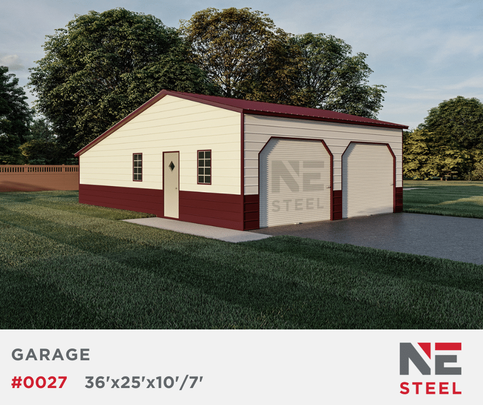36’x25’x10’/7′ Steel Garage w/ Continuous Lean-To