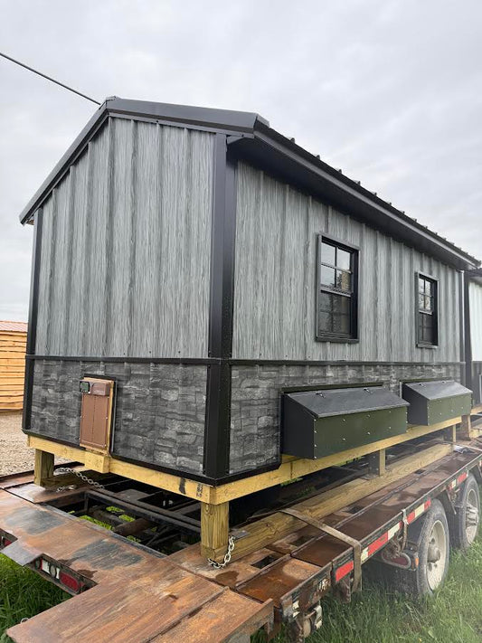 Amish-Built Chicken Coop with Modern Wood Grain & Stacked Stone Wainscoting*