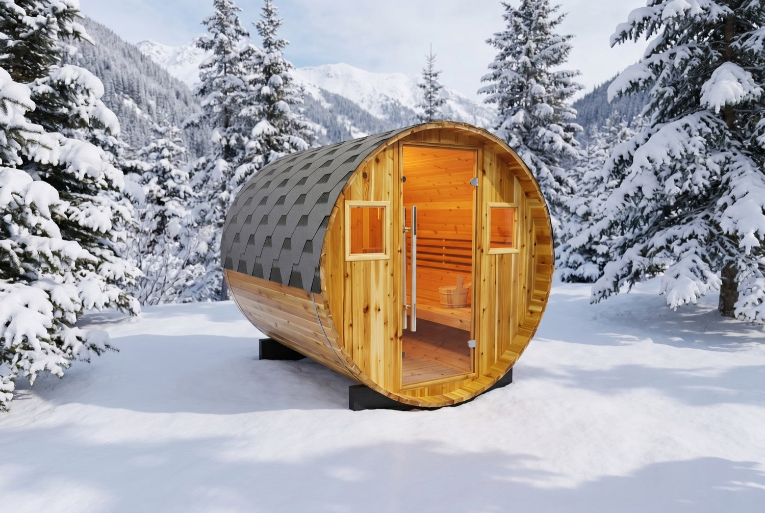 Galley 4-Person Traditional Wet/Dry Barrel Sauna with 6kW Harvia Heater