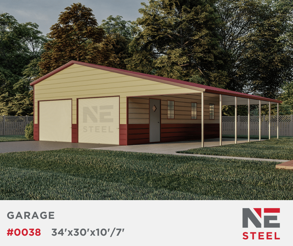 34’x30’x10’/7′ Steel Garage w/ Continuous Lean-To