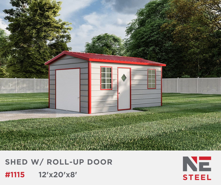12’x20’x8′ Gray Steel Shed w/ Roll-Up Door