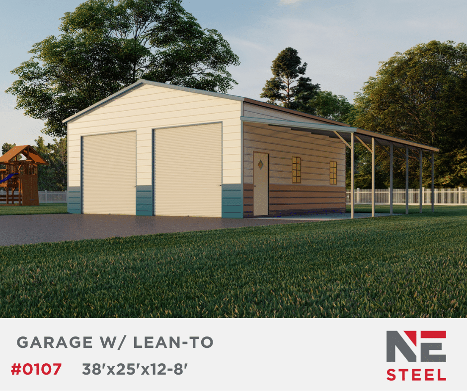 38’x25’x12’/8′ Steel Garage w/ Lean-To