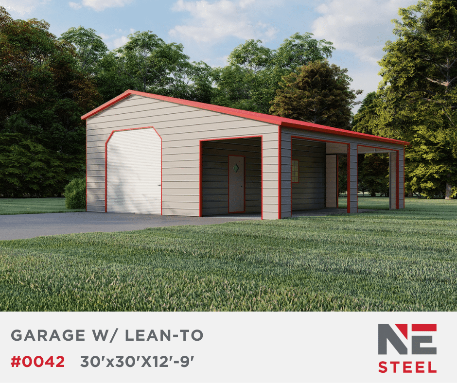 30’x30’x12’/9′ Steel Garage w/ Continuous Lean-To